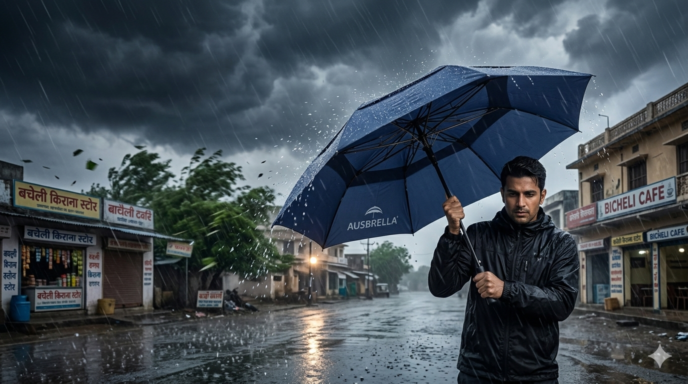 Modern Ausbrella umbrella showing inward folding design after rain